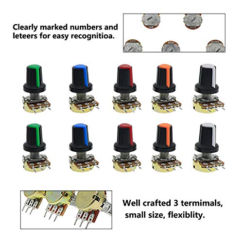 Potentiometer Kit, 1K ohm-100K ohm Multiturn Trimmer Potentiometer 3296W, 5K 10K 20K 50K 100K Ohm Single Linear Taper 3 Pins Rotary Potentiometers Resistor with Pots Knobs Kit - Thumbnail 4