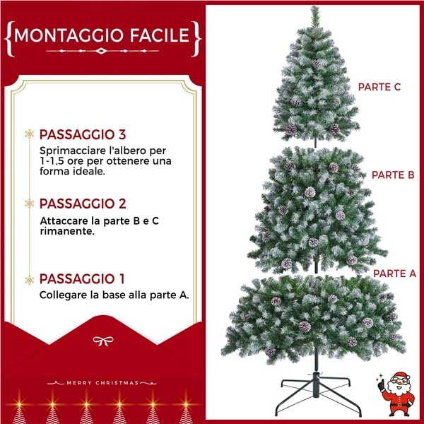 Yaheetech Albero di Natale 183 cm Artificiale Innevato con Pigne 920 Rami Incernierati Effetto Realistico con Supporto Metallo Pieghevole Decorazioni Natalizie