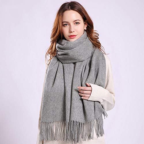 NININI Wool Scarf Elegant and Chic Long Tassel Pure Gray Design Knitted Shawl Easy to Carry Windproof Plush Wool Scarf Warm Soft Luxury Fashion Cashmere Scarf Autumn Winter Women