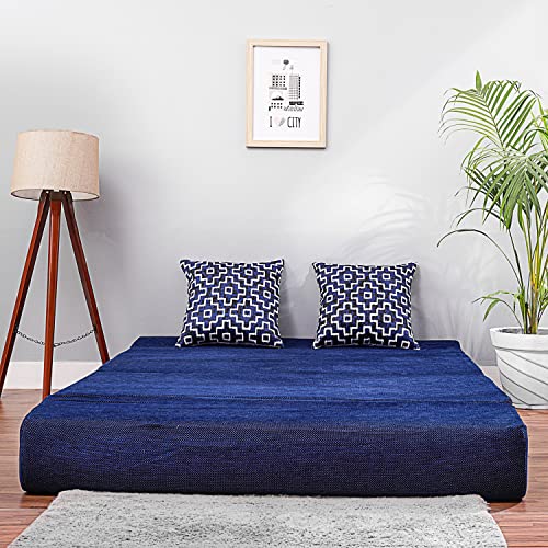 Image of Convertible Fabric Sofa Cum Bed | Foldable Double Foam & Washable Cover with Cushions | Modern Design Use Living Room & Guest Room (Moshi-Blue-Multi-Square, 4X6 Ft)