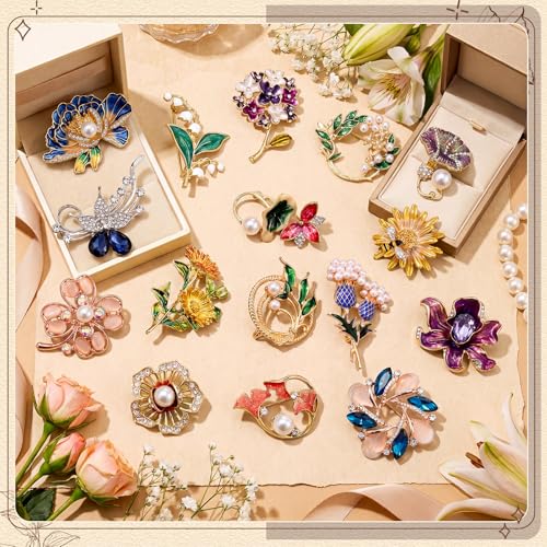 Image of Sasylvia 16 Pcs Women Brooch Set Rhinestone Vintage Animal Insect Plant Pins Brooches Bulk for Christmas Women Girls Gifts