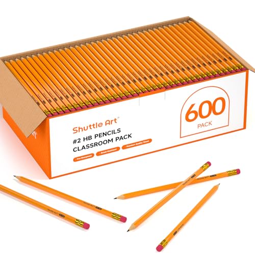 Shuttle Art Wood-Cased #2 HB Pencils, 600 Pack Sharpened Yellow Pencils with Erasers, Bulk Pack Graphite Pencils for School and Teacher Supplies, Writ