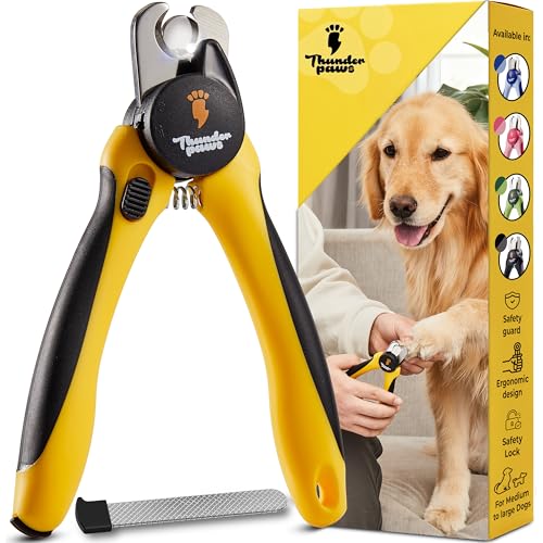 Thunderpaws LED Dog Nail Clippers with Light, Trimmers with Protective Guard, Quick Sensor, Safety Lock and Nail File - Suitable for Large and Small Dogs & Cats (Yellow, LED)