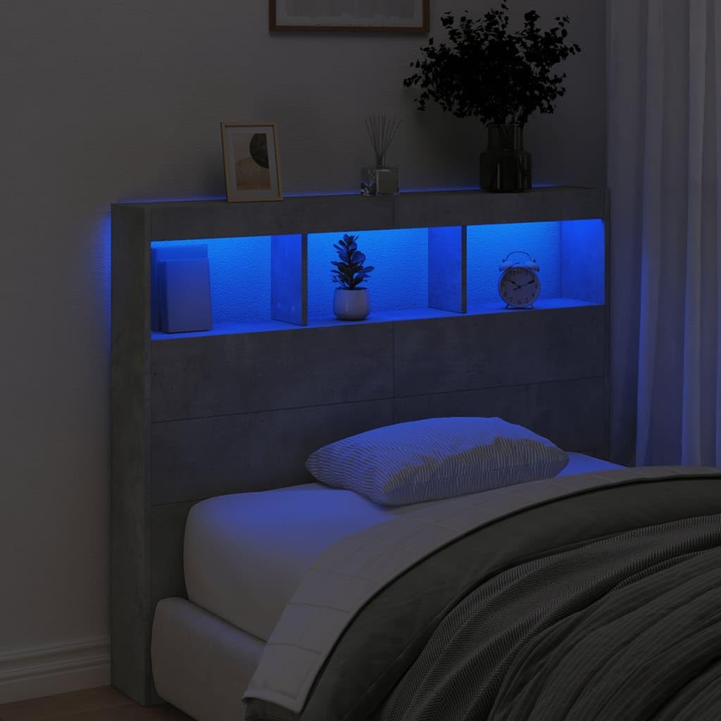 Zagłówek LED z półkami, szary betonowy 120 x 17 x 102 cm, nowoczesny zagłówek łóżka z oświetleniem RGB, montaż ścienny do sypialni