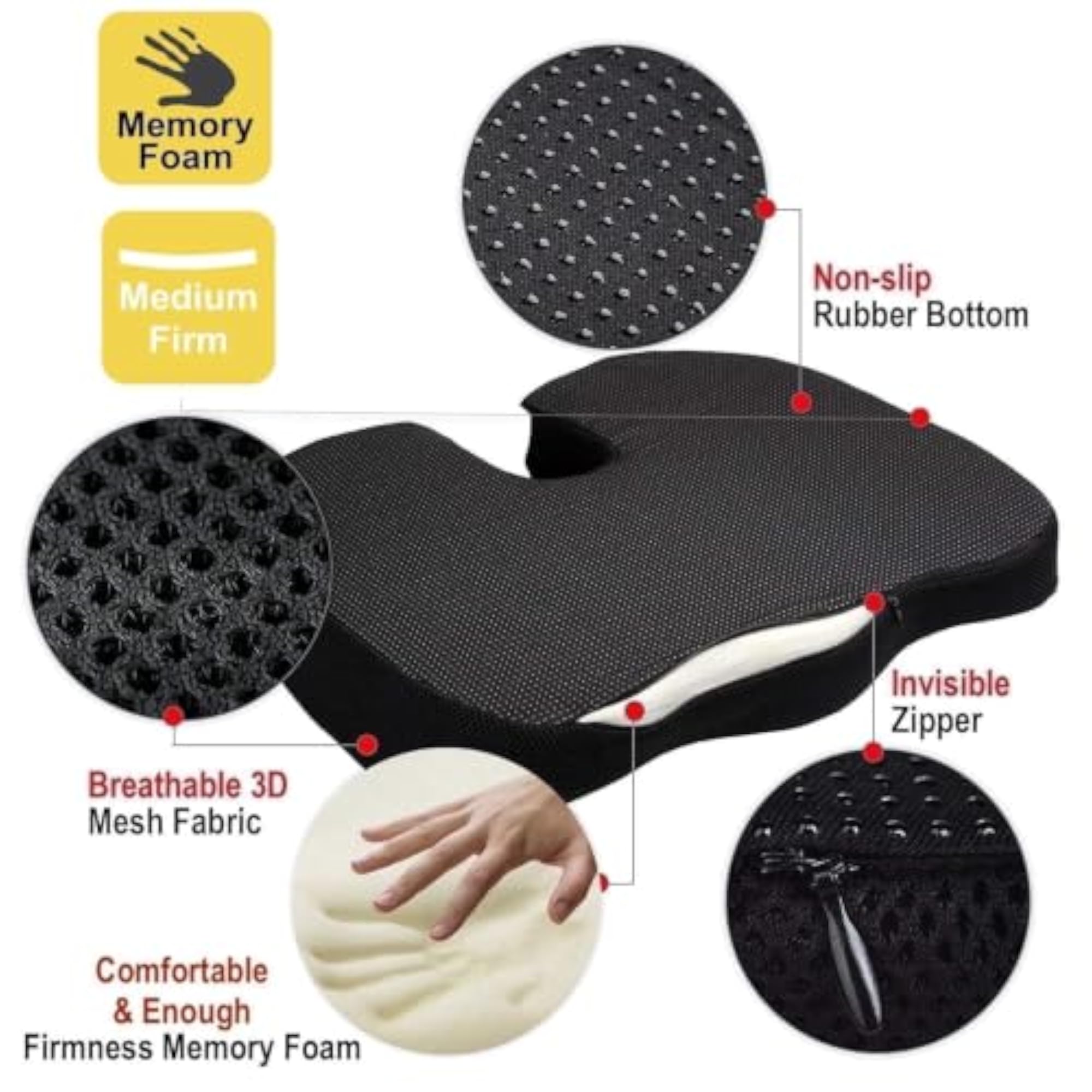 Ergonomic Memory Foam Seat Cushion Pillow, Portable Design