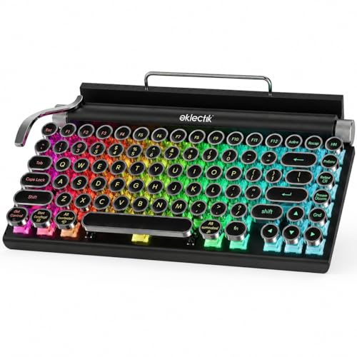 Eklectik Vintage Typewriter Keyboard Wireless Bluetooth 83-Key Mechanical Keyboard with Blue Switches RGB Backlit USB-C Wired or Wireless Volume Knob Built-in Stand for PC Laptop Tablet