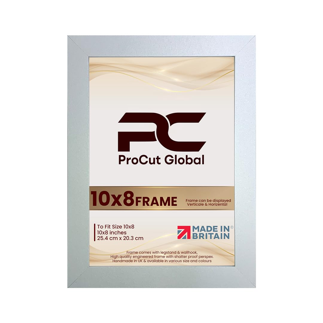 Procut Global Picture Frames 10x8 Silver-Modern 10x8 Frames With Safe Perspex Front & Wall Hanging Hooks -Premium Synthetic Wood- Handmade Frames