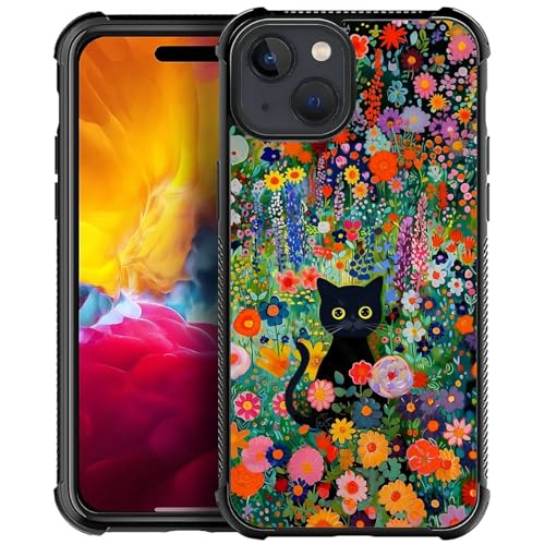 NONMY Phone Case Compatible with iPhone 15 - Wireless Charging Compatible,S Flower Yellow Eyes Cat TPU Bumper and Hard PC Pattern Back Case