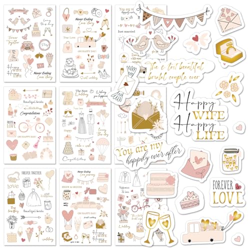 Wedding Stickers for Scrapbook | 9 Sheets Wedding Scrapbook Stickers | 241 Waterproof Sticker | Bridal Shower Engagement Marriage Anniversary for Engagement Planning Embellishments