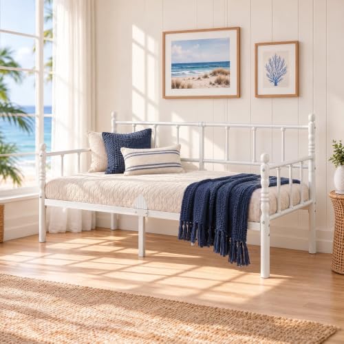 COMASACH 14 Inch Classic Twin Daybed, Metal Sofa Bed with Storage, White
