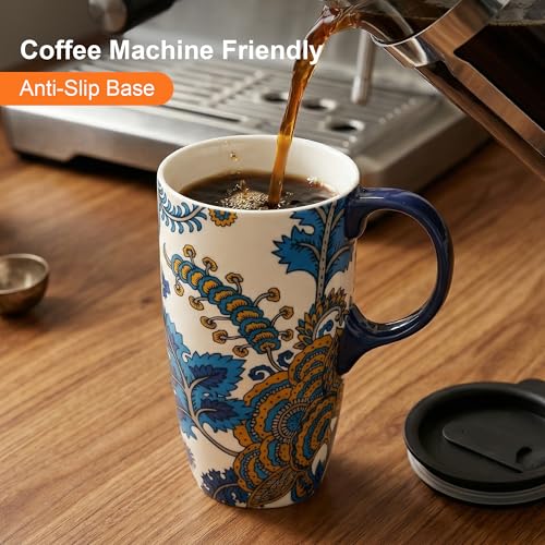 Taza de viaje cerámica 17oz con tapa diseño floral azul miniatura 5