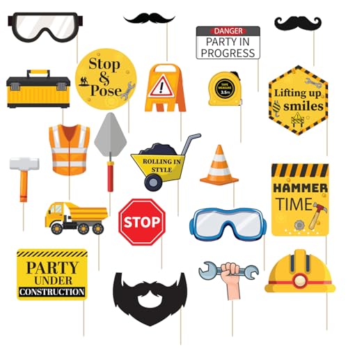 Image of Party Propz Construction Theme Photo Booth Props - 22 Pcs + Sticks,Party Props for Adults & Birthday Props for Kids,Photo Booth Props for Party, Birthday Props for Adults (Cardstock)