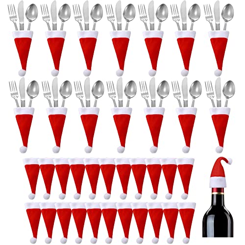 Gummer 24 Pieces Christmas Tableware Holders, Christmas Dinner Table Decorations, Santa Hats & Christmas Socks Silverware Flatware Holders Knife Spoon Fork Storage Bag (Hats)