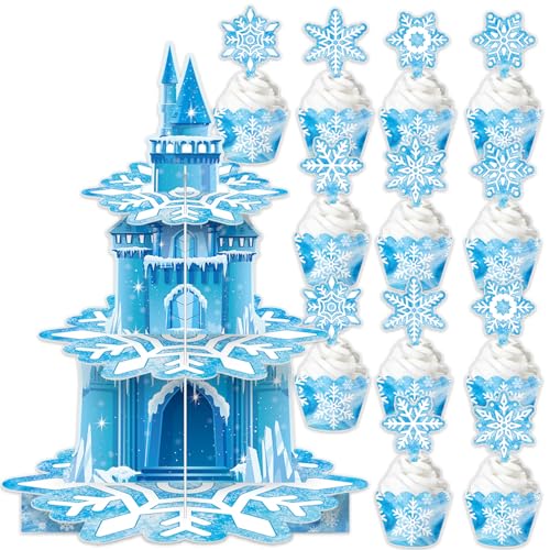 Étagère à gâteau à 3 niveaux en forme de flocons de neige bleus - Pour fête à thème château - Article d'anniversaire de princesse - Décoration de...