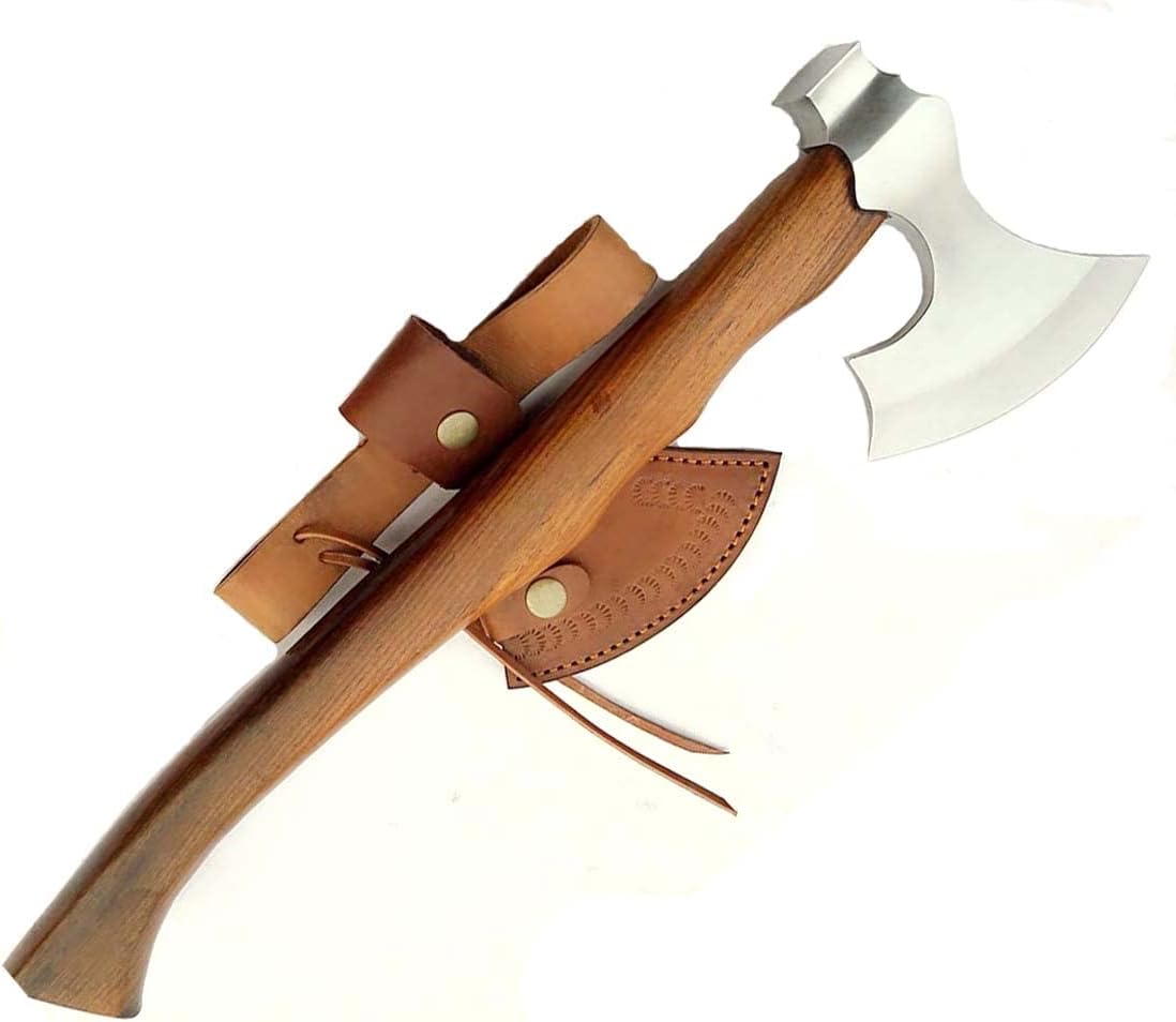 MDM Throwing Axe, Custom Hand Forged 5160 HIGH Carbon Steel Tomahawk Beared Hatchet - Vintage Viking Style Polished Blade with Rose Wood Handle & Leather Sheet