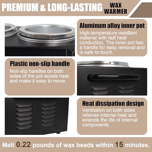 Image of Wax Warmer Double Pot, Professional Electric Heater for Facial, Body, Spa, and Salon, 1.2L Dual Adjustable Temperature with 100 Wooden Craft Sticks, Hair Removal (Black)