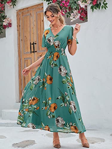 Image of Simplee Women's Boho Floral Maxi Dress Flowy Casual V Neck Short Sleeve Wedding Guest Holiday Beach Long Dress