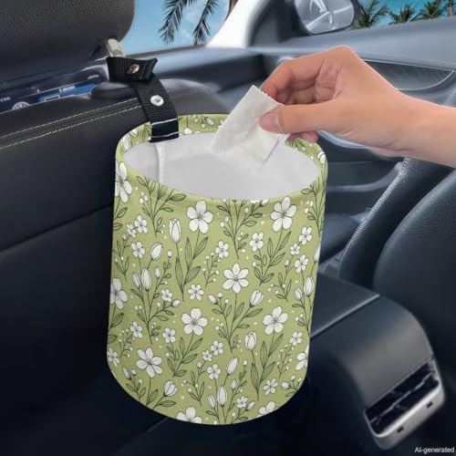 Image of Green Flower Hanging Portable Car Trash Can Waste Basket Car Accessories Interior Collapsible for Men and Women Easy to Install