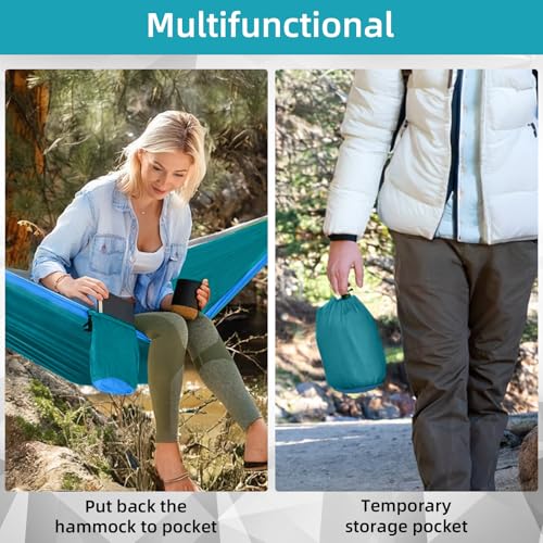 Double Camping Hammock, Two Person Hammocks with 2 Tree Straps(16+2 Loops), Portable Lightweight Hammock with 210T Nylon Parachute for Backpacking, Outdoor, Beach, Travel, Hiking, Gear - Lake Blue by Hamaca - Used condition - Image 6