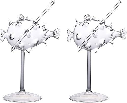 Angoily Creative Puffer Fish - Juego de 2 copas de cóctel transparentes con forma de pez y copas de vino de 9.5fl oz para fiestas, vasos de hongos