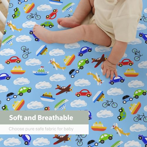 Image of Planes Automobiles Transport Baby Crib Sheets for Boy Girl 28 inchx52 inch Airplanes Boats Bike Car Clouds Blue Soft Stretchy Fitted Crib Mattress Cover Travel Baby Sheet for Standard Crib & Toddler Mattress