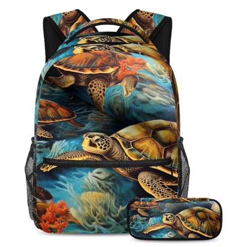 Cartables tortues océaniques avec trousse 42 pièces pour ados et étudiants