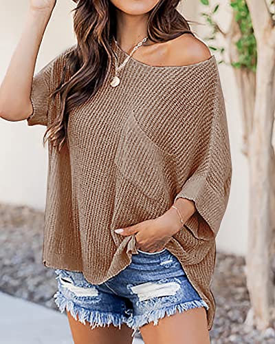 Womens Off Shoulder Sweater Half Sleeve Knitted Sid Slit Solid Color Casual Comfortable Pullover Tops With One Chest Pocket #TOP2