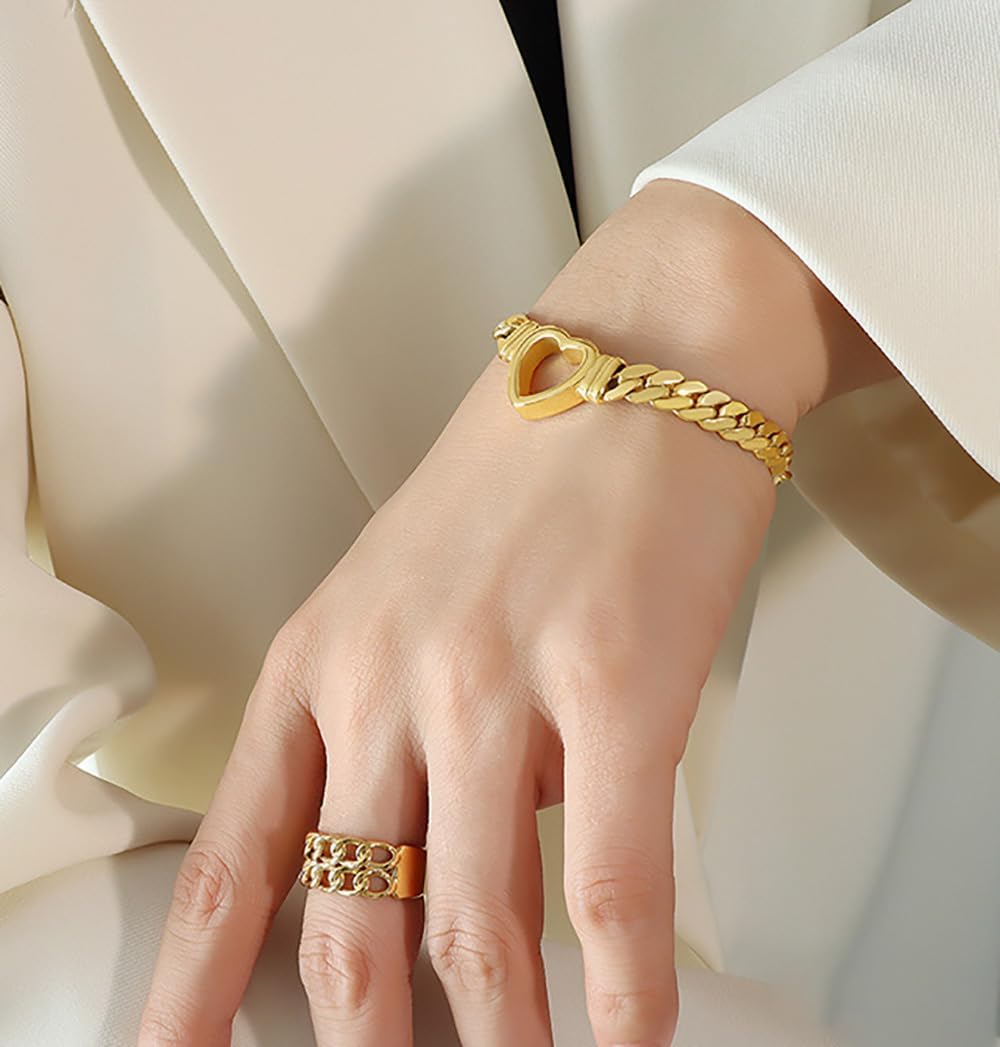 Gold Heart Bracelet for Women 18K Gold Plated Stainless Steel Love Heart Thick Chain Bracelet Adjustable Statement Jewelry - Image 2