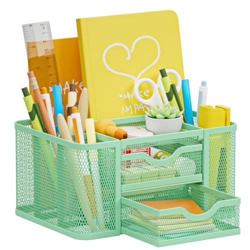 Marbrasse Mesh Desk Organizer, Pen Organizer with 2 Drawer, Multi-Functional Pencil Holder, Desk Organizers and Accessories with 5 Compartments + Drawer for Office Art Supplies (Green)