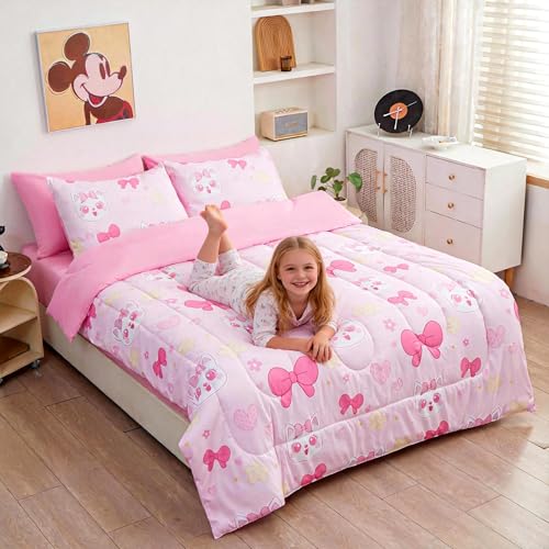 Image of Cartoon Bedding Set - Super Soft Microfiber Twin Size 5 Piece Pink Bow Kitten Comforter Set with Sheets, Pillowcase & Sham for Girls, Bed in a Bag (Pink Cute Bow Cat, 5 Piece Twin Size)