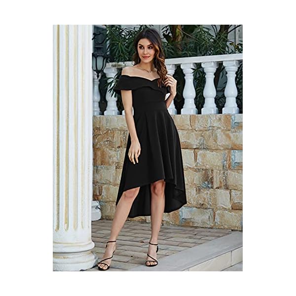 JASAMBAC-Womens-Off-Shoulder-High-Low-A-Line-Wedding-Guest-Party-Cocktail-Dress Skater Dress for Women Short Sleeve Off Shoulder Formal Homecoming Vintage A Line Dresses with Pockets Black L