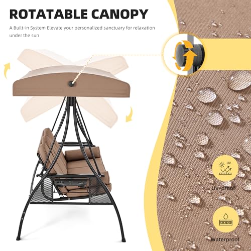 Image of HOMREST 3 Seat Outdoor Porch Swing with 1.5 inch Deepened Cup Holder, Adjustable Canopy, Patio Swing Bed with Stand, Patio Glider Swing with Thicken Cushions, Pillow for Yard, Garden(Brown)