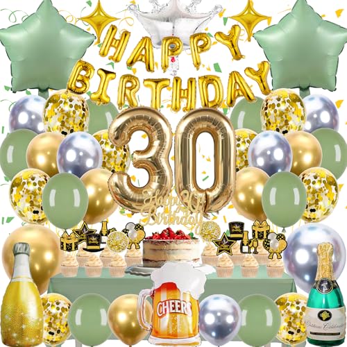 30 anos decoração aniversário homem mulher, balões 30 anos ouro verde com balão XL número 50, faixa de feliz aniversário para Photocall 30 aniversários, homens e mulheres festa aniversário decoração