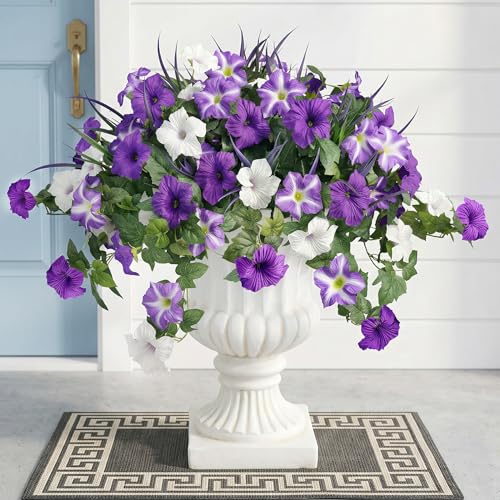 Large 2Pcs Artificial Petunias Flowers with 4Pc Grass Outdoor,Purple White