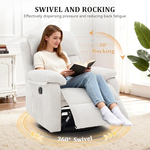 Image of Korser Recliner Chair, 360 Swivel Rocker Chair for Adults, Small Rocking Recliner Chair for Small Spaces, Upholstered Chenille Fabric Glider Recliner Nursery Chair with Side Pockets for Living Room