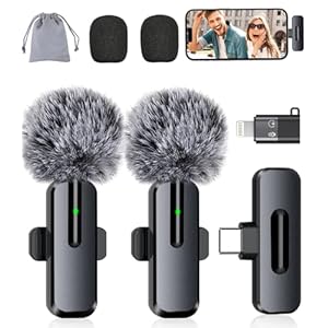 Wireless Mini Microphone for iPhone – 2 Pack Lavalier bluetooth Microphone for Video Recording, 2 In 1 Noise Reduction Lapel Mic for Ipad, Android, Clip-on Mini Mic for Tiktok Youtube Vlog Podcast