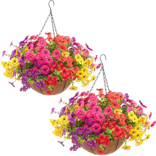 Hananona 2 Set Artificial Outdoor Flowers with Hanging Basket, 2 Hanging Planters with 24 Pcs...
