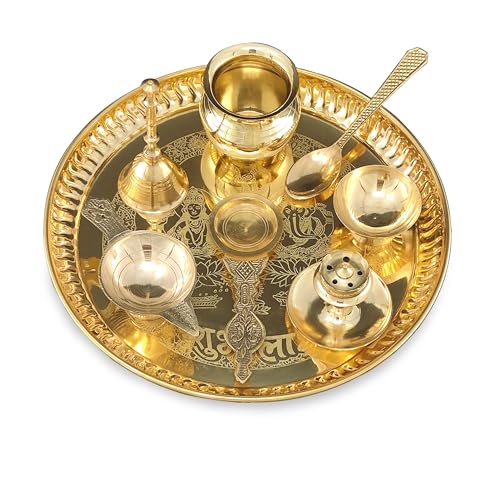 BENGALEN Brass Pooja thali Set 8 Inch with Pital Plate Kalash Spoon Diya Bowl Dhup Dan Ghanti Kappur Arti Daily Puja Thali for Diwali Home Mandir Office Wedding Return Gift Items