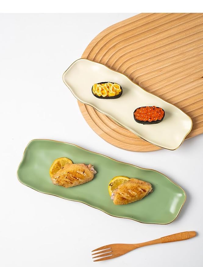 Image of Beyond Homes Ceramic Sushi Serving Tray Set of 3 | 12 Inch Long Rectangular Platter | Microwave & Dishwasher Safe | Modern Appetizer Serving Plates for Snack, Dimsum, Momo, Dessert &, Green