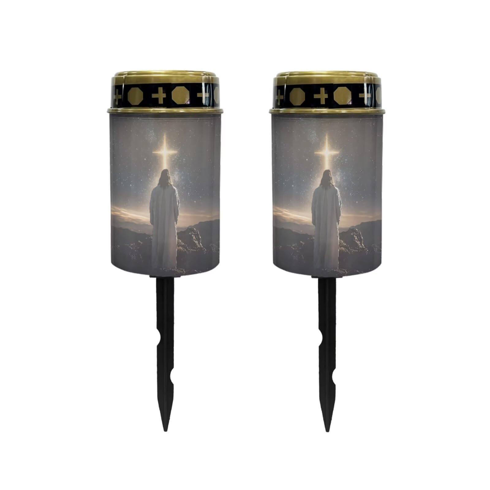 Poceacles 2 Pack Cross Outdoor Lights Solar Powered Flameless Candle Cemetery Votive Candles Waterproof Outdoor Memorial Candle Solar Stake Lights for Grave Cemetery, God Cross Galaxy Brown