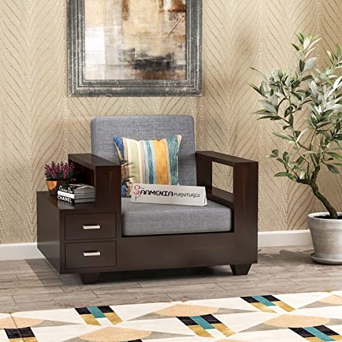 Image of Sheesham Wood Single Seater Sofa | 1 Seater Sofa with 2 Drawer Storage | Wooden Sofa Set Furniture for Living Room Home Office (Walnut Finish)