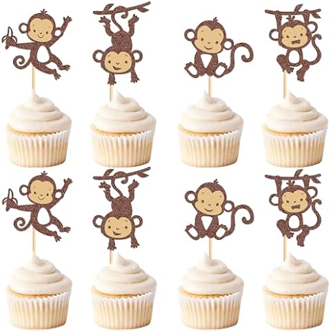 Cyodoos 24Pcs Monkey Cupcake Toppers for Forest Themed Cupcake Baby Shower Kids Birthday Party Cake Decorations Supplies Cover