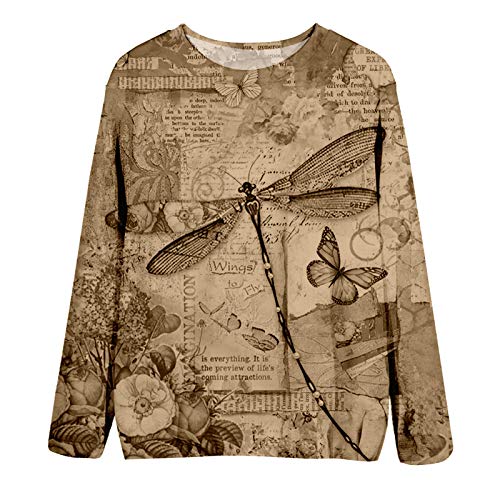 Camiseta feminina, solta gola redonda, manga comprida, estampa de borboleta dente-de-leão e estampa