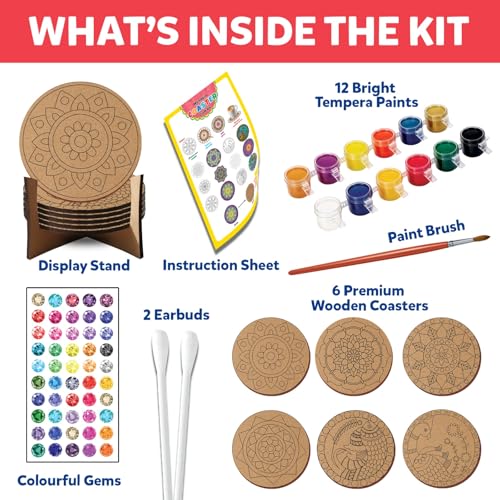 Image of Little Berry Mandala Coaster Painting Kit for Kids & Adults | DIY Wooden Tea Coaster Craft Kit with 6 Pre-Marked Coasters, 12 Non-Toxic Paints, Brush & Stand | Art & Craft Gift for Boys & Girls 5+