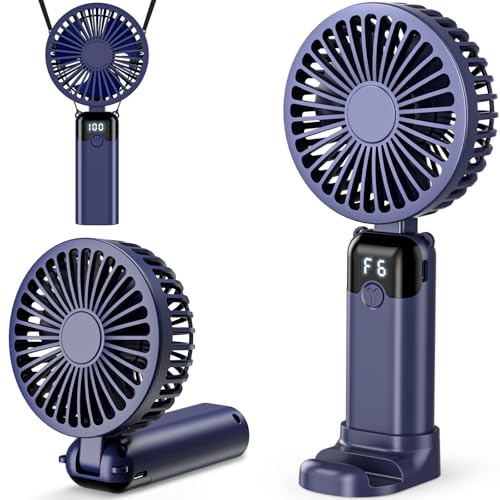Handheld Fan USB Rechargeable Portable Mini Hand Held Fan with 6 Speeds 4000mAh Battery Operated Foldable Desk Small Fans with LED Display for Home Office Travel Outdoor Use Summer Gift (Blue)
