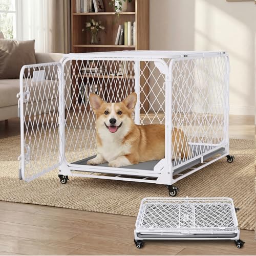30 Inch Collapsible Dog Crate with Diamond Mesh No-Tool Assembly Foldable Dog Kennel with 4 Lockable Wheels Removable Tray Portable Dog Cage for Medium/Large Dogs Space-Saving Indoor Outdoor Use