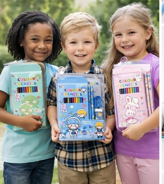 Image of Pack of 6 Colorful gift Set - Cartoon-Themed Stationery with colour Pencils, Sharpener, Eraser, and coloring book. Birthday returns gifts for kids party in bulk (Design 6)