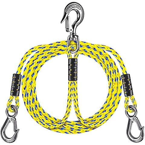 Dolibest 16ft Boat Tow Harness Boat Tow Ropes, Easy Connection w/ 3 Large Stainless Steel Hooks for Tow 1-4 Rider Towable Tube Cover