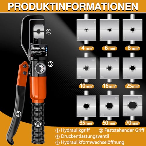 Hydrauliczne szczypce zaciskowe, szczypce zaciskowe z nożyczkami do kabli, 9 zestawów form zaciskowych 4-70 mm² do prac kablowych, naprawy samochodu, poręczy przewodowych, pomarańczowe