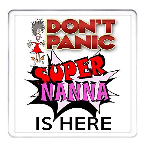Kazmugz Nanna Gift Coaster, Don't Panic Super Nanna Is Here Acrylic Drinks Mat Coaster, Ideal Present For Nan, Nanny, Granny, Gran, Grandmother From Grandson Or Granddaughter. Can Be Personalised